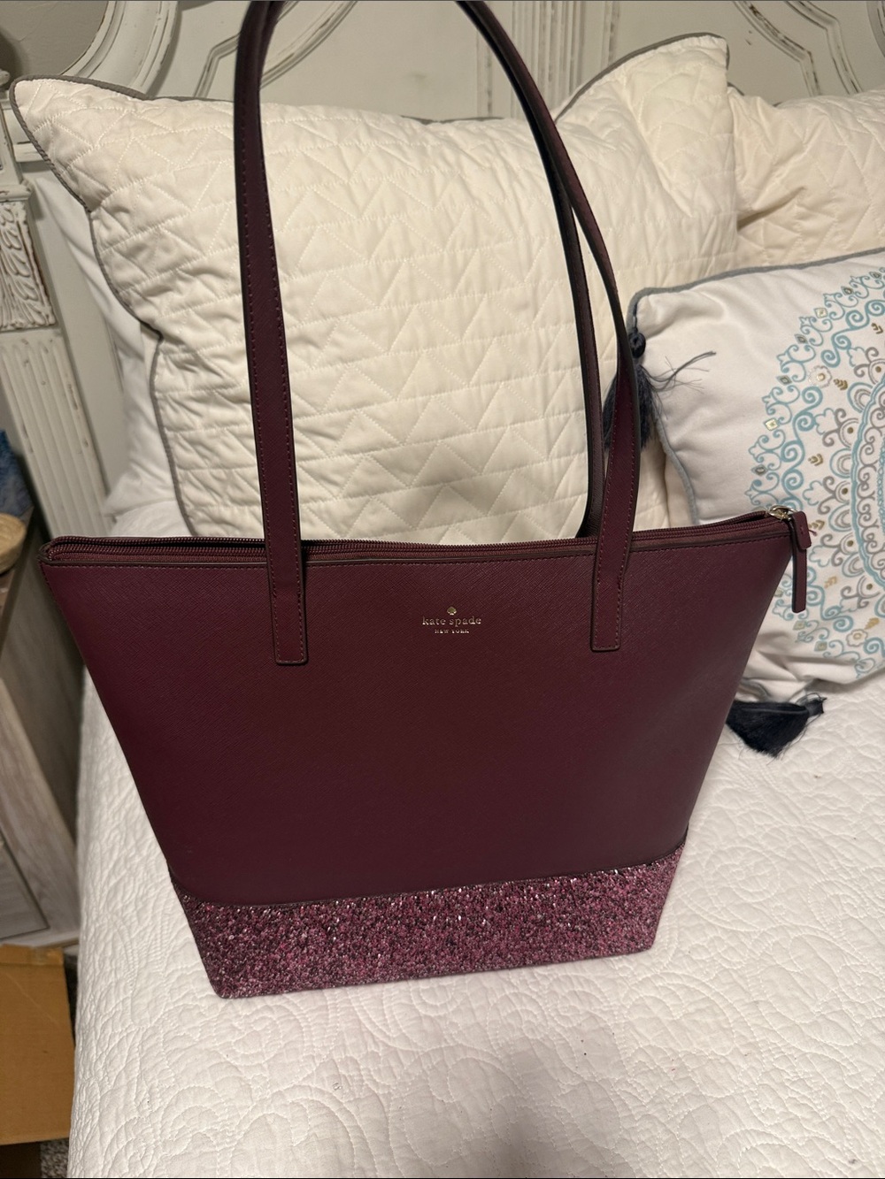 kate spade burgundy tote with glitter-accent